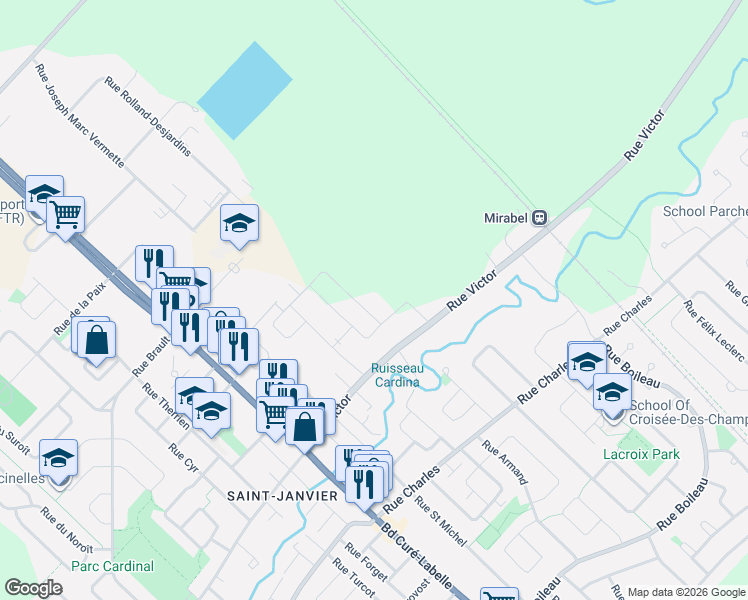 map of restaurants, bars, coffee shops, grocery stores, and more near 14410 Rue Roger-Thomas in Mirabel