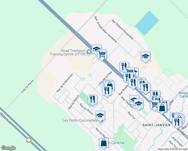 map of restaurants, bars, coffee shops, grocery stores, and more near 17510 Rue Groulx in Mirabel