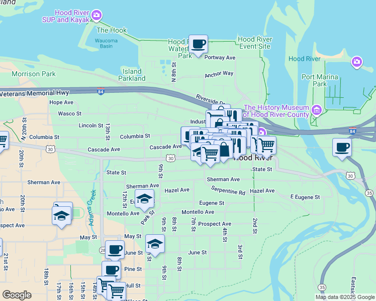map of restaurants, bars, coffee shops, grocery stores, and more near 709 Cascade Avenue in Hood River