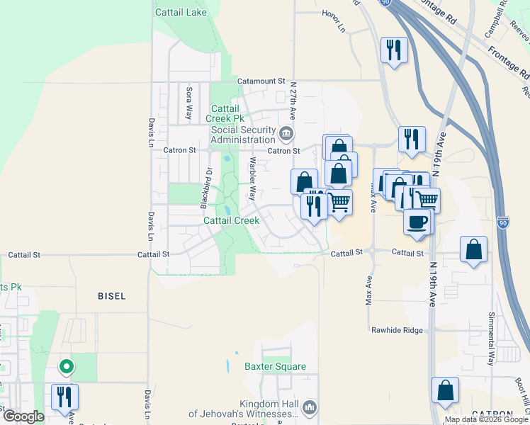 map of restaurants, bars, coffee shops, grocery stores, and more near 2949 Cattail Street in Manhattan