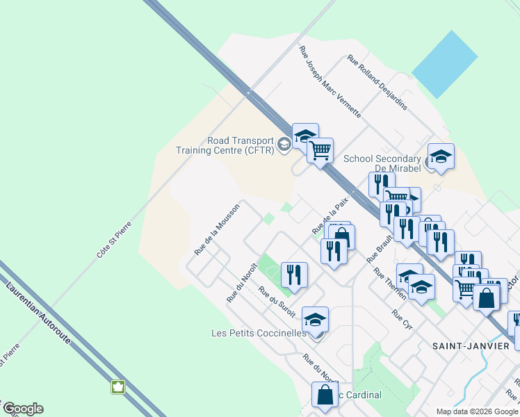 map of restaurants, bars, coffee shops, grocery stores, and more near 16855 Rue de la Mousson in Mirabel