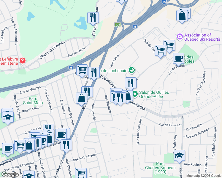 map of restaurants, bars, coffee shops, grocery stores, and more near 1345 Grande Allée in Terrebonne
