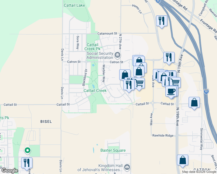map of restaurants, bars, coffee shops, grocery stores, and more near 2949 Cattail Street in Manhattan