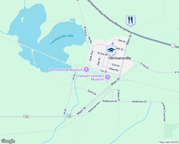 map of restaurants, bars, coffee shops, grocery stores, and more near River Street North in Menominee County