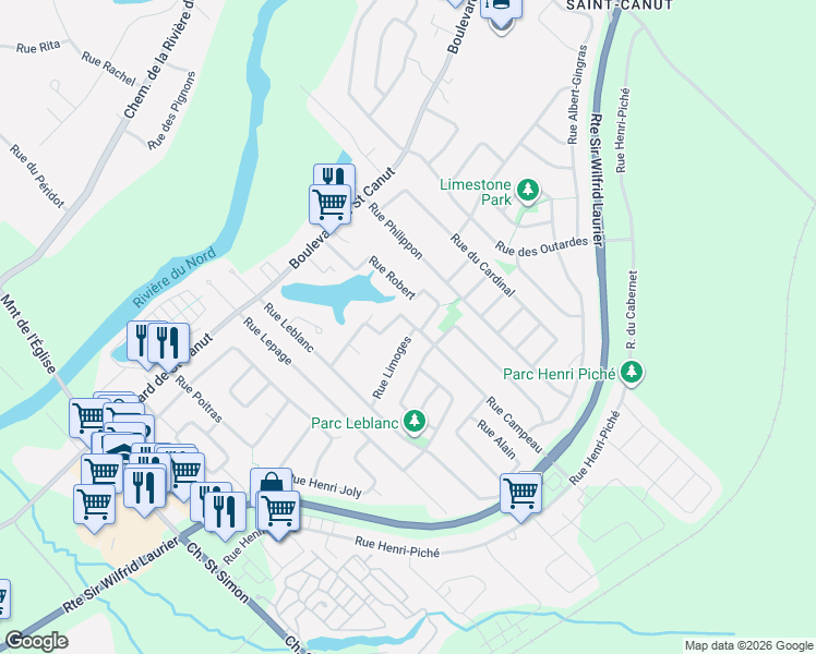 map of restaurants, bars, coffee shops, grocery stores, and more near 9863 Rue Limoges in Mirabel