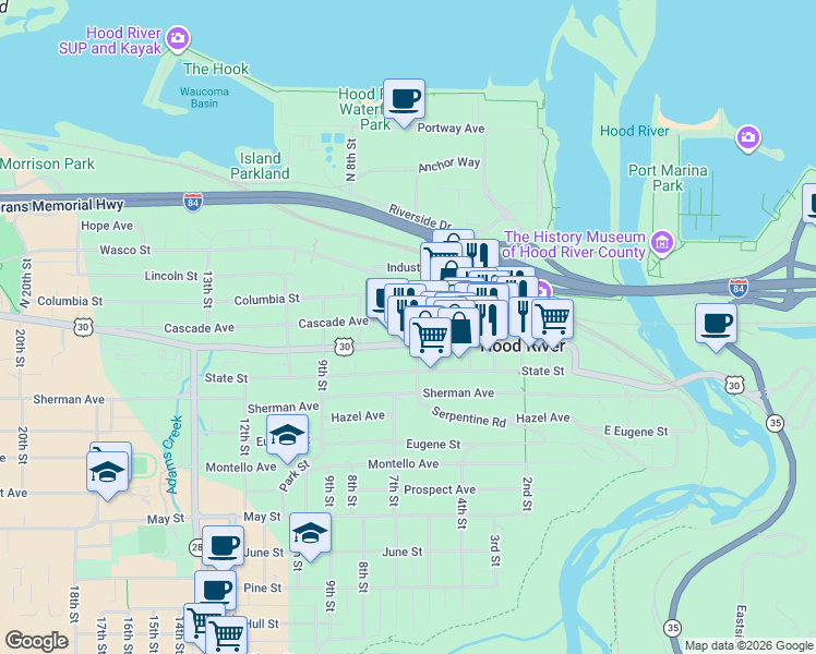 map of restaurants, bars, coffee shops, grocery stores, and more near 607 Cascade Avenue in Hood River