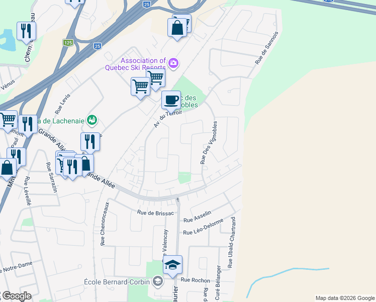 map of restaurants, bars, coffee shops, grocery stores, and more near 156 Rue De Chablis in Terrebonne