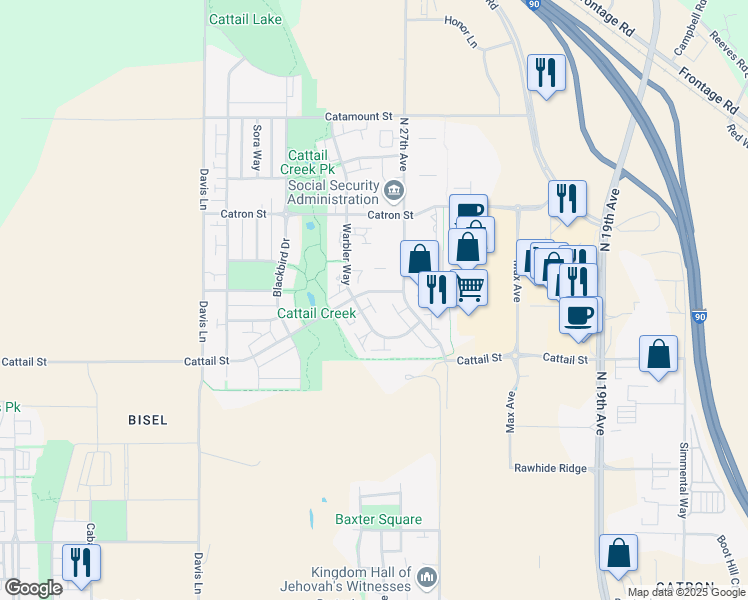 map of restaurants, bars, coffee shops, grocery stores, and more near 2949 Cattail Street in Manhattan