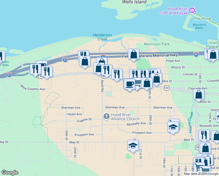 map of restaurants, bars, coffee shops, grocery stores, and more near 201 Selkirk Lane in Hood River