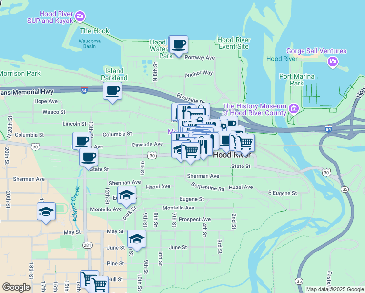 map of restaurants, bars, coffee shops, grocery stores, and more near 601 Cascade Avenue in Hood River