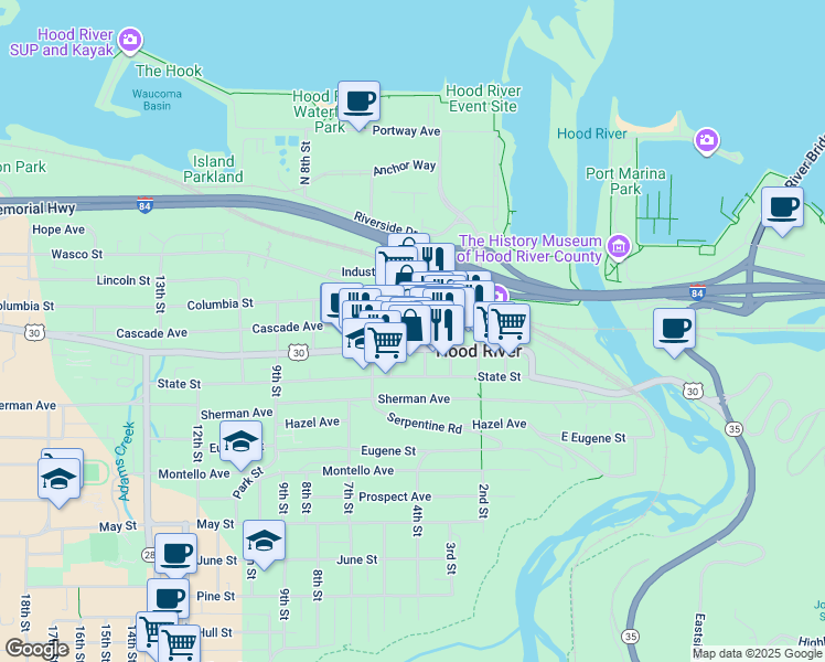 map of restaurants, bars, coffee shops, grocery stores, and more near 107 5th Street in Hood River