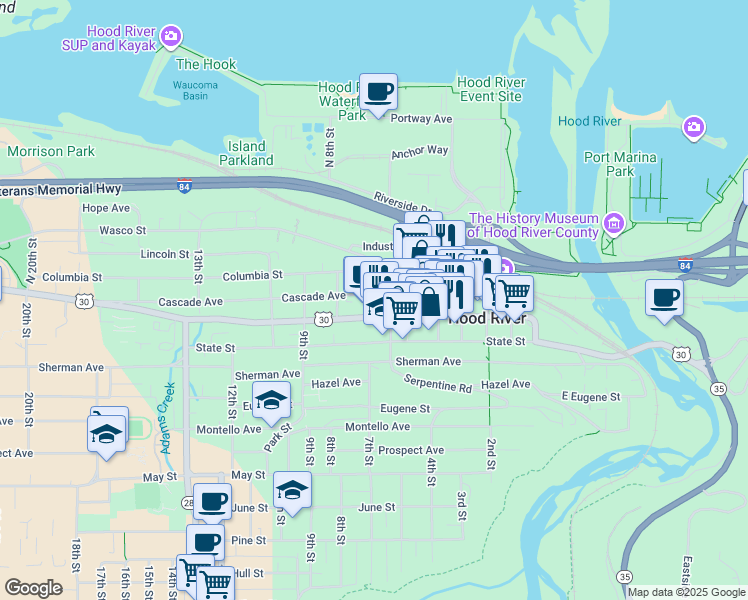 map of restaurants, bars, coffee shops, grocery stores, and more near 601 Cascade Avenue in Hood River