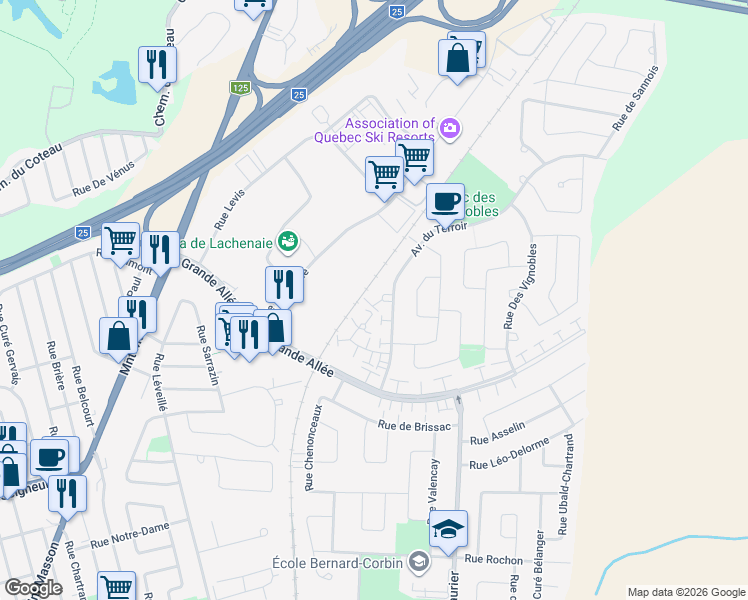 map of restaurants, bars, coffee shops, grocery stores, and more near 834 Avenue du Terroir in Terrebonne