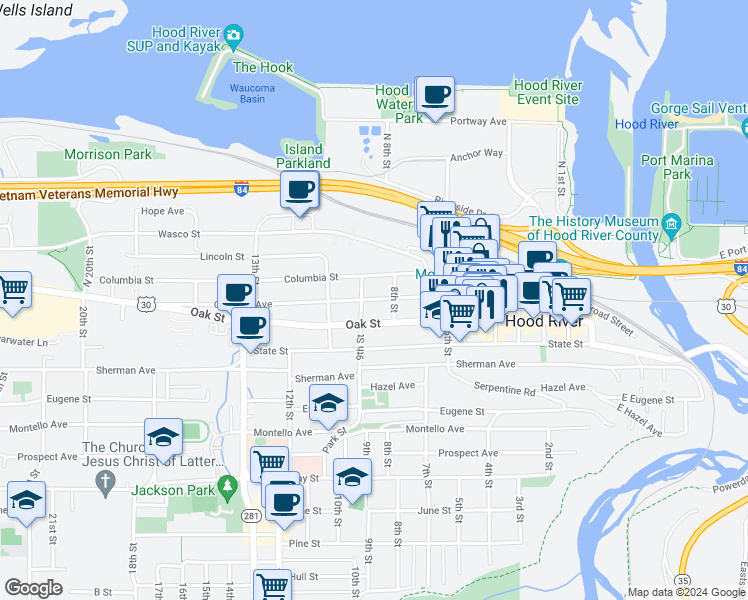 map of restaurants, bars, coffee shops, grocery stores, and more near 815 Cascade Avenue in Hood River