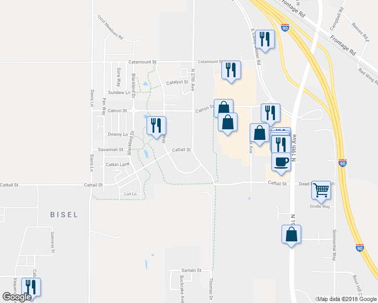 map of restaurants, bars, coffee shops, grocery stores, and more near 2949 Cattail Street in Manhattan