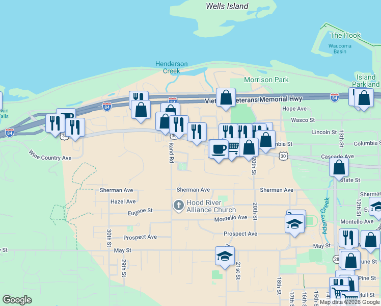 map of restaurants, bars, coffee shops, grocery stores, and more near 201 Selkirk Ln in Hood River