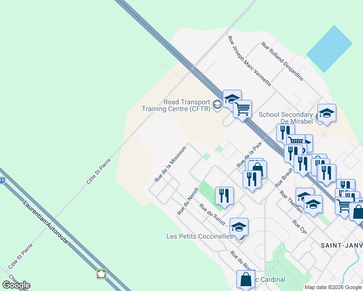 map of restaurants, bars, coffee shops, grocery stores, and more near 16775 Rue de la Mousson in Mirabel