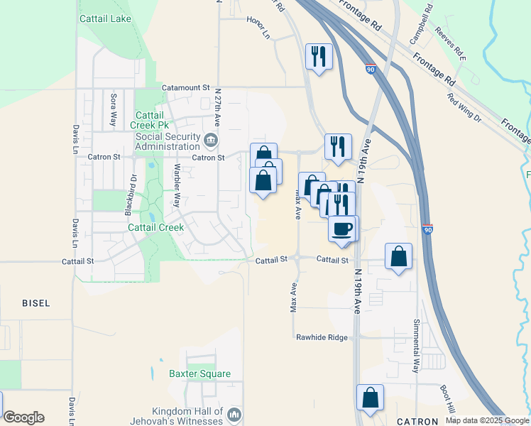 map of restaurants, bars, coffee shops, grocery stores, and more near 2975 Max Avenue in Bozeman