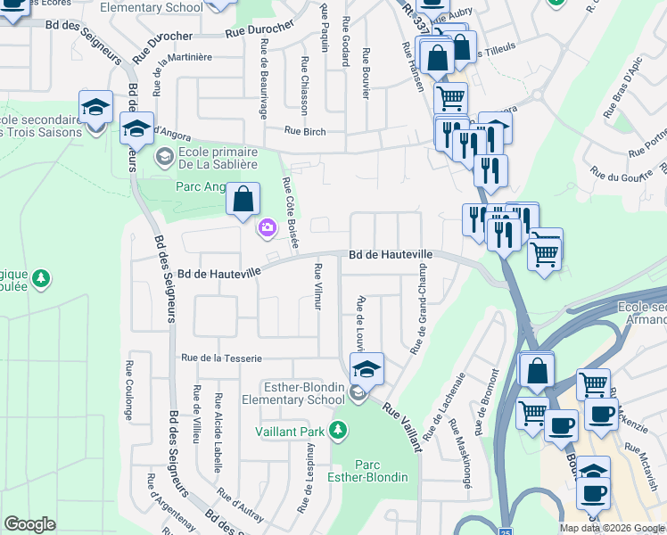 map of restaurants, bars, coffee shops, grocery stores, and more near 1115 Rue Vaillant in Terrebonne