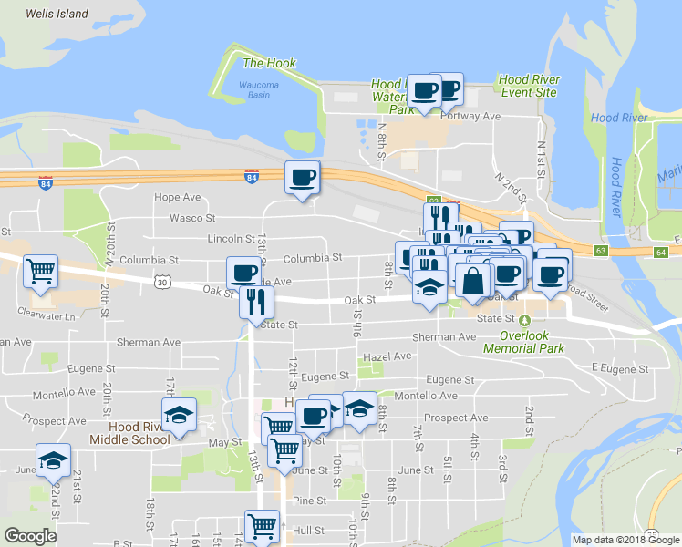 map of restaurants, bars, coffee shops, grocery stores, and more near 914 Cascade Avenue in Hood River