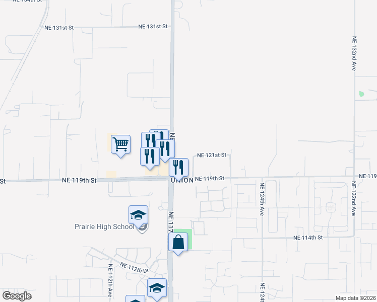 map of restaurants, bars, coffee shops, grocery stores, and more near 12104 Northeast 119th Avenue in Brush Prairie