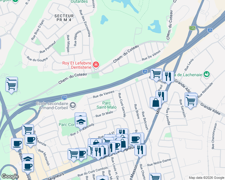 map of restaurants, bars, coffee shops, grocery stores, and more near 505 Rue de Vannes in Terrebonne