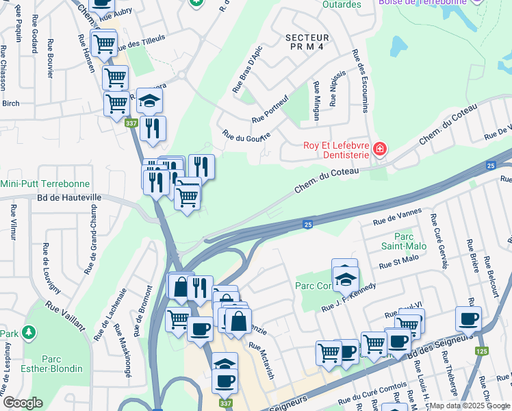 map of restaurants, bars, coffee shops, grocery stores, and more near 504-580 Chemin du Côteau in Terrebonne