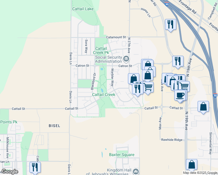 map of restaurants, bars, coffee shops, grocery stores, and more near 2821 Cattail Street in Bozeman