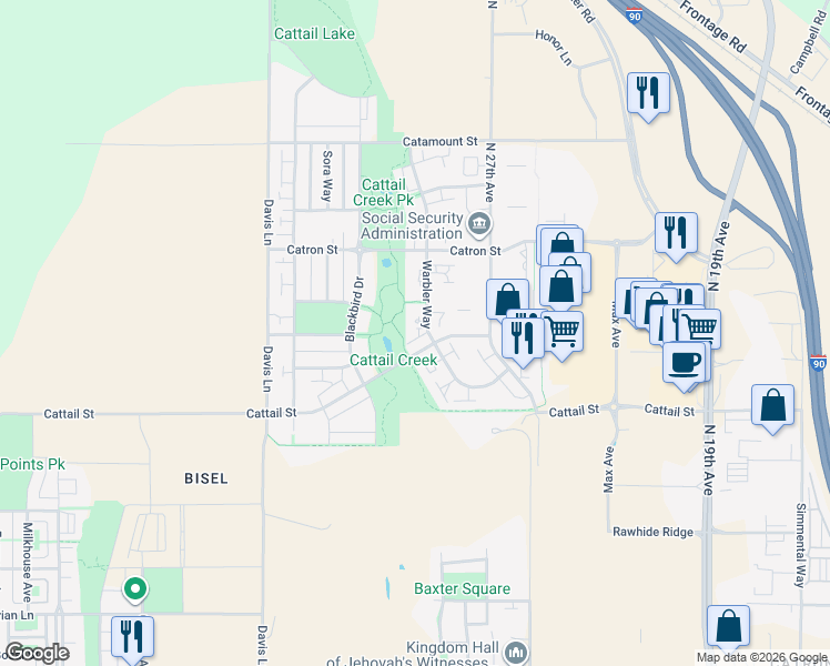 map of restaurants, bars, coffee shops, grocery stores, and more near 2821 Cattail Street in Bozeman