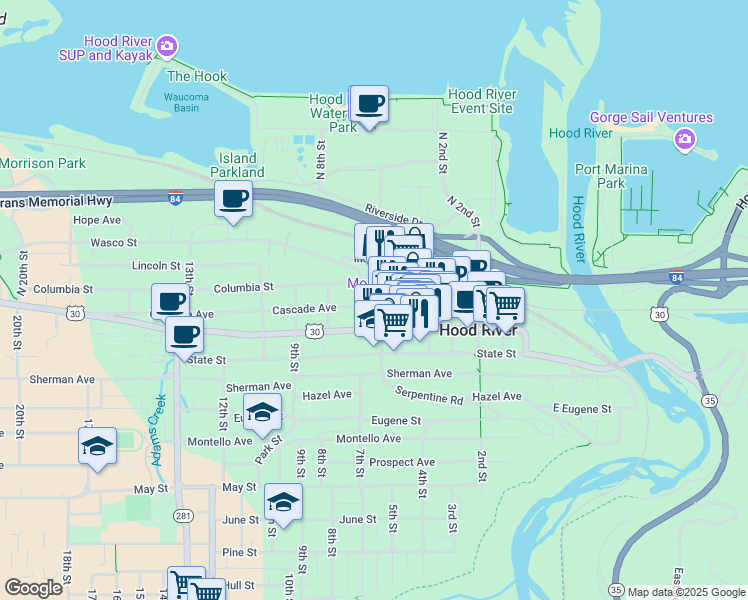 map of restaurants, bars, coffee shops, grocery stores, and more near 601 Cascade Avenue in Hood River