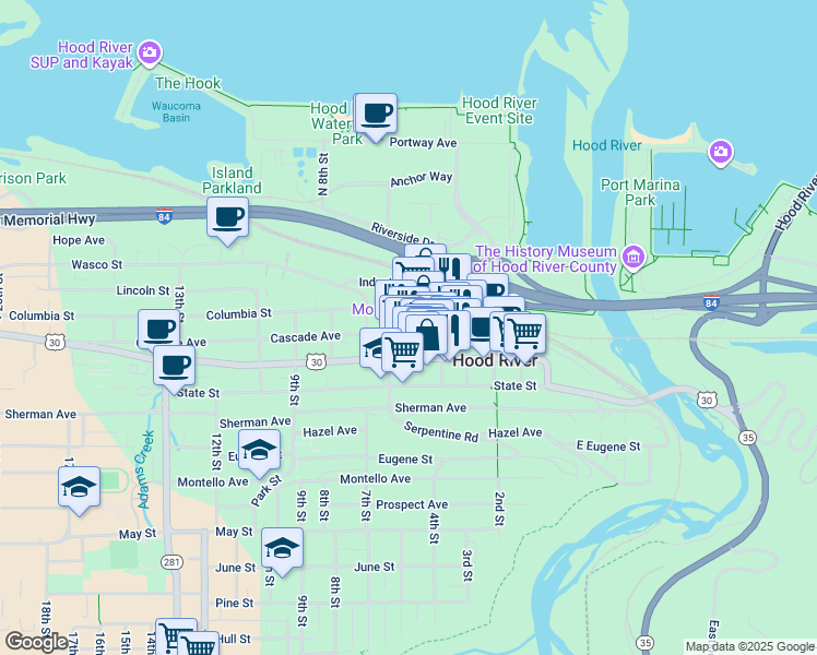 map of restaurants, bars, coffee shops, grocery stores, and more near 107 5th Street in Hood River