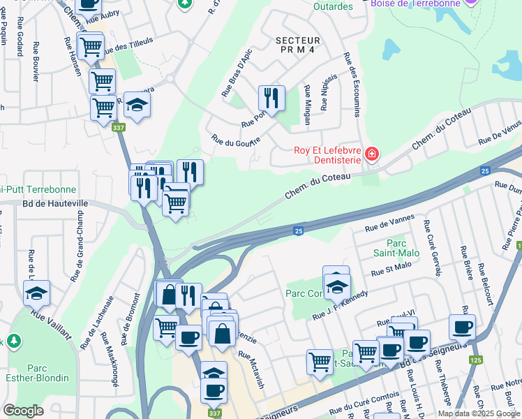 map of restaurants, bars, coffee shops, grocery stores, and more near in Terrebonne