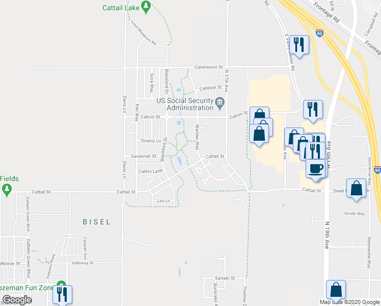 map of restaurants, bars, coffee shops, grocery stores, and more near 2821 Cattail Street in Bozeman