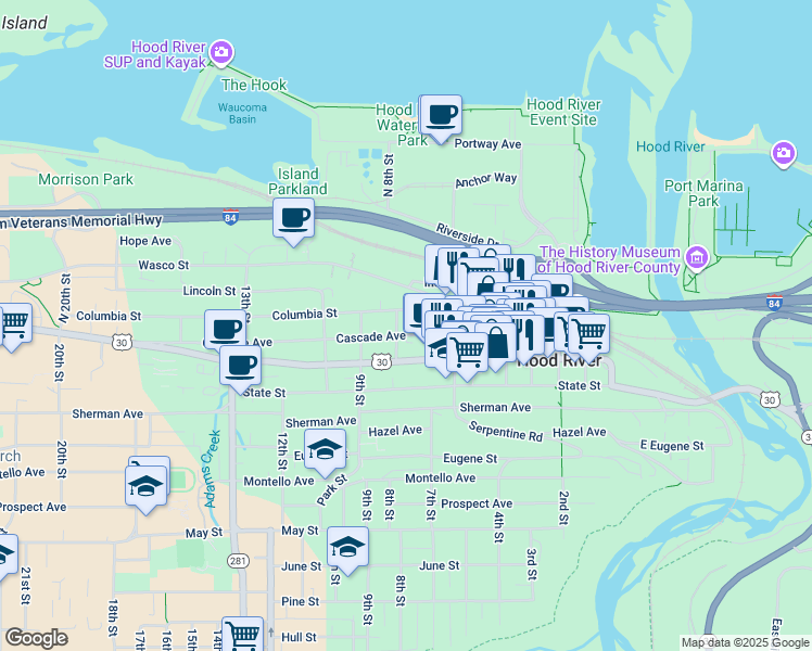 map of restaurants, bars, coffee shops, grocery stores, and more near 709 Cascade Avenue in Hood River