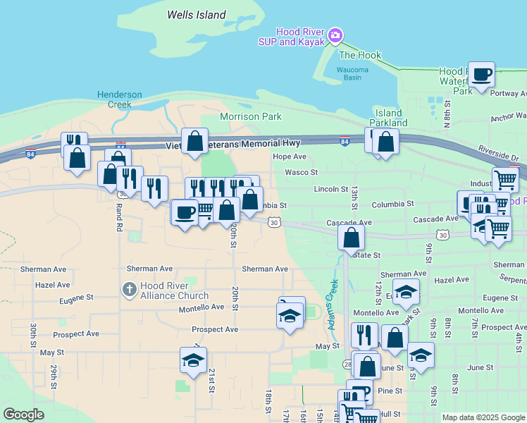 map of restaurants, bars, coffee shops, grocery stores, and more near 1802 Cascade Avenue in Hood River