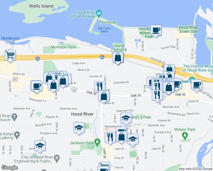 map of restaurants, bars, coffee shops, grocery stores, and more near 1219 Columbia Street in Hood River