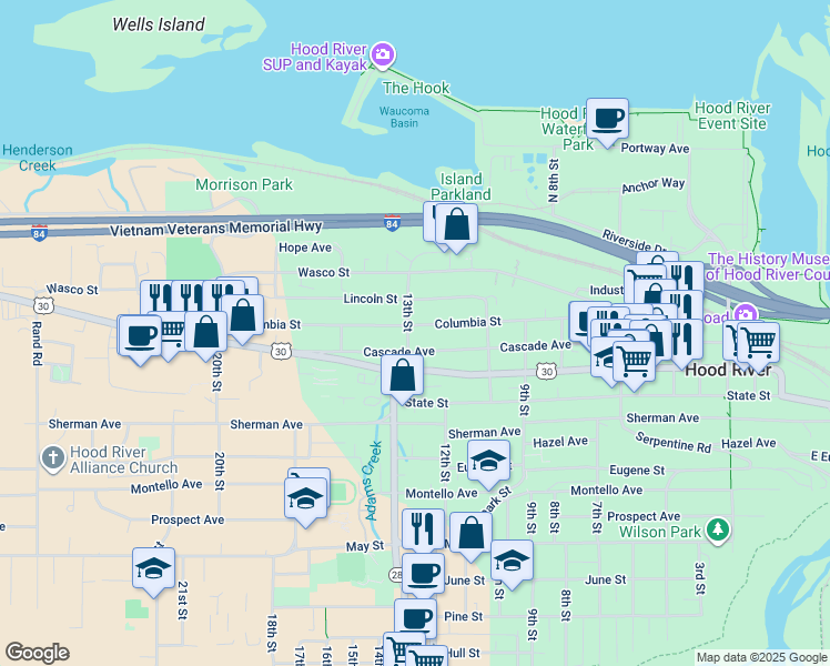 map of restaurants, bars, coffee shops, grocery stores, and more near 1219 Columbia Street in Hood River