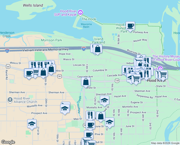 map of restaurants, bars, coffee shops, grocery stores, and more near 1214 Cascade Avenue in Hood River