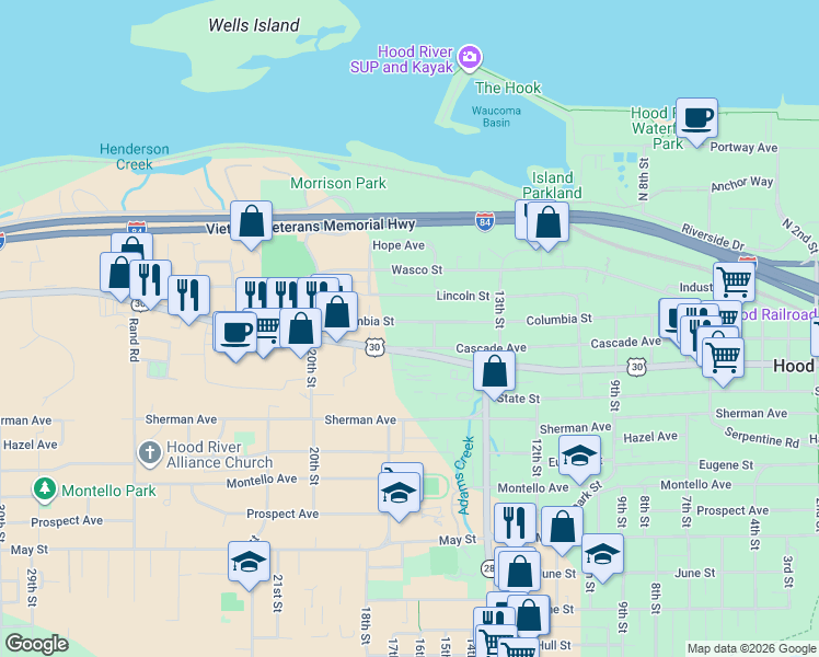 map of restaurants, bars, coffee shops, grocery stores, and more near 1517 Columbia Street in Hood River