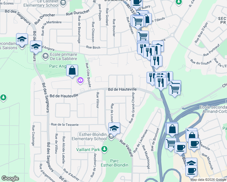 map of restaurants, bars, coffee shops, grocery stores, and more near 4760 Boulevard de Hauteville in Terrebonne