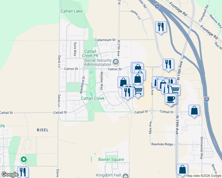 map of restaurants, bars, coffee shops, grocery stores, and more near 2949 Cattail Street in Manhattan