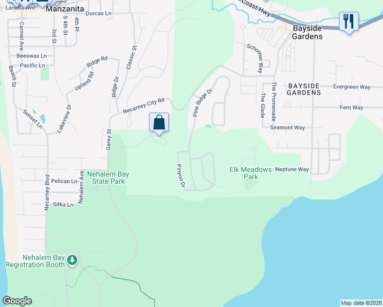 map of restaurants, bars, coffee shops, grocery stores, and more near 9960 Shore Pine Lane in Manzanita