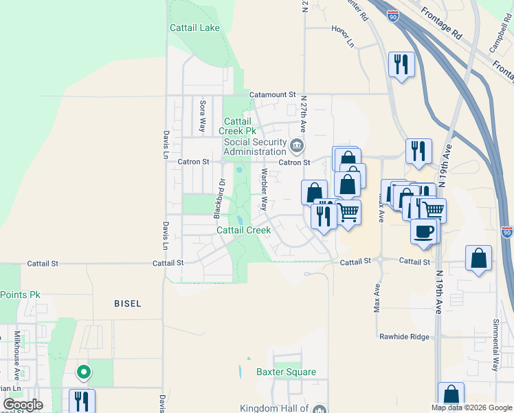 map of restaurants, bars, coffee shops, grocery stores, and more near 2821 Cattail Street in Bozeman