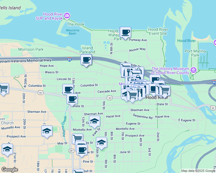 map of restaurants, bars, coffee shops, grocery stores, and more near 815 Cascade Avenue in Hood River