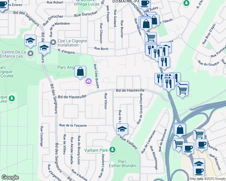 map of restaurants, bars, coffee shops, grocery stores, and more near Boulevard de Hauteville in Terrebonne