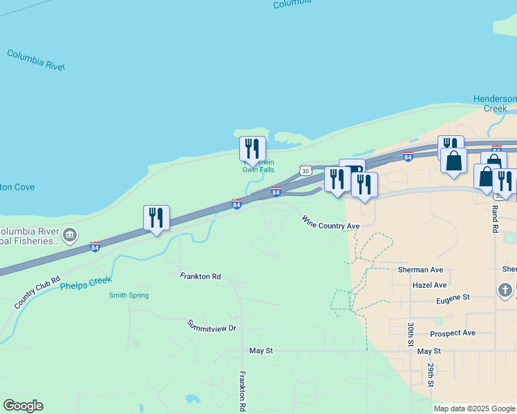 map of restaurants, bars, coffee shops, grocery stores, and more near 135 Country Club Road in Hood River
