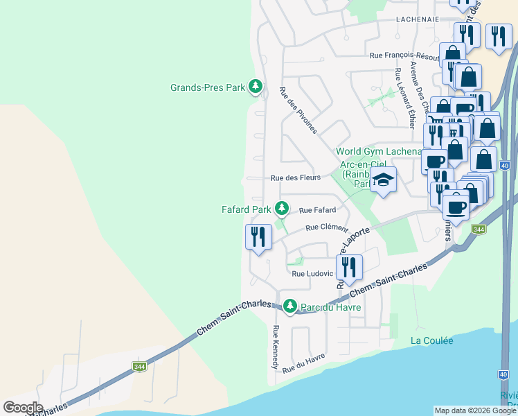 map of restaurants, bars, coffee shops, grocery stores, and more near 422 Avenue des Grands-Prés in Terrebonne