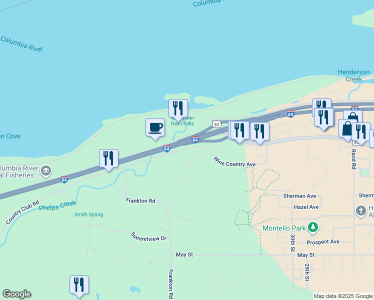 map of restaurants, bars, coffee shops, grocery stores, and more near 135 Country Club Road in Hood River