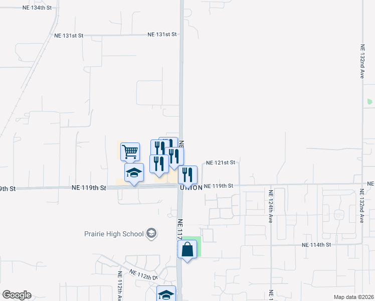 map of restaurants, bars, coffee shops, grocery stores, and more near 12104 Northeast 119th Avenue in Brush Prairie