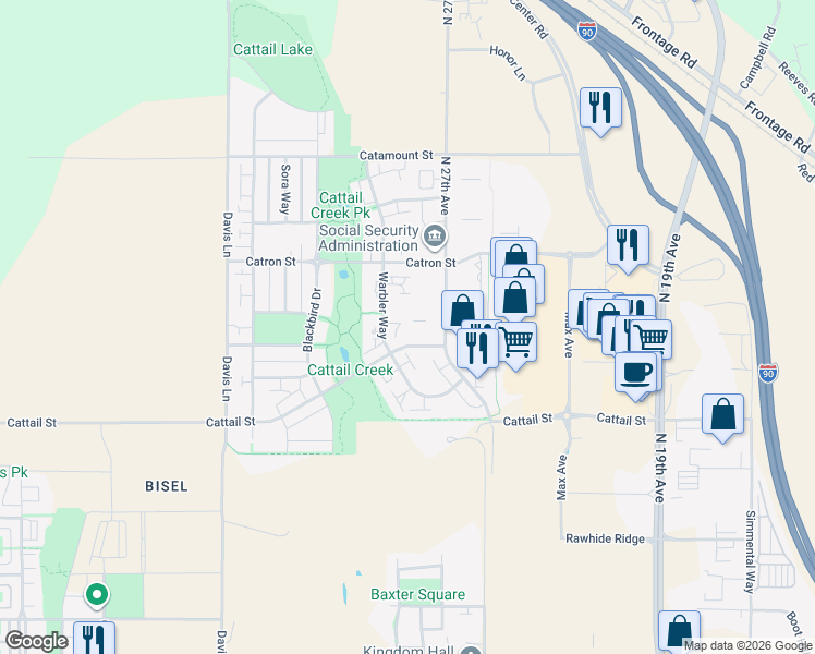 map of restaurants, bars, coffee shops, grocery stores, and more near 2949 Cattail Street in Manhattan